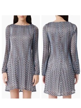 Maje Rockilane Pleated Midi, 
Long-Sleeve, drop waist, geometric blue/gold, 34